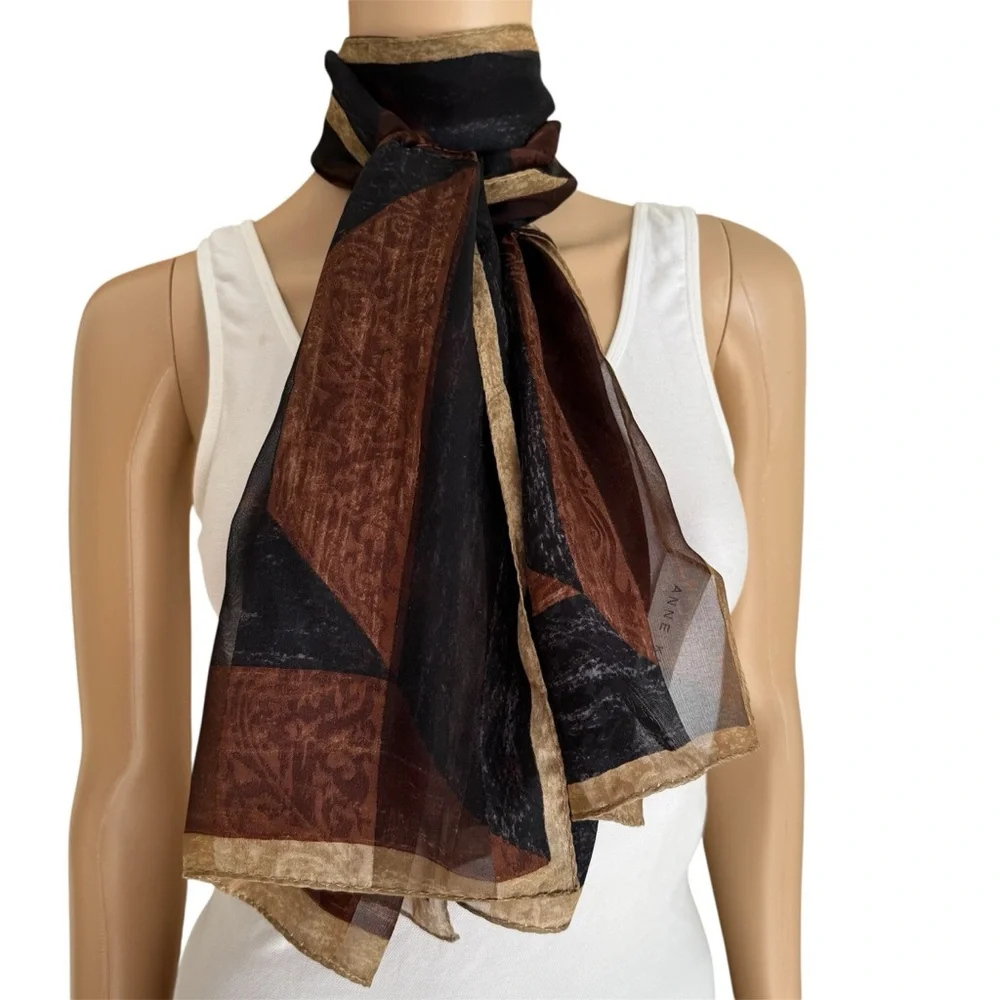 Anne Klein Black Brown Tan Oblong Skinny Silk Scarf - Picture 1 of 10